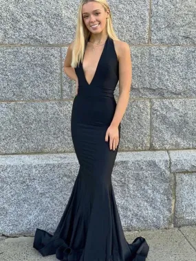 Black Long Mermaid V-neck Satin Backless Formal Graduation Prom Dresses