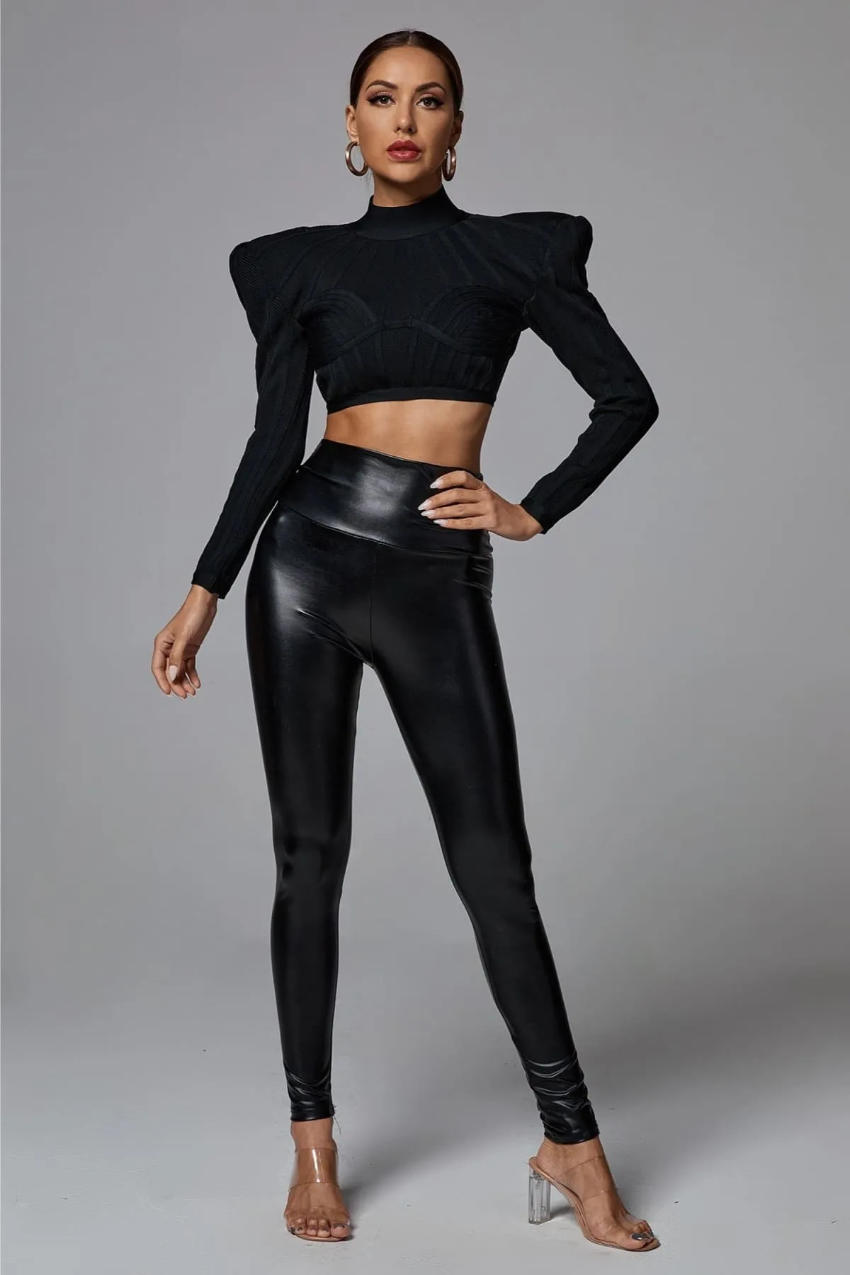 Black Long Sleeve Padded Shoulder Crop Top