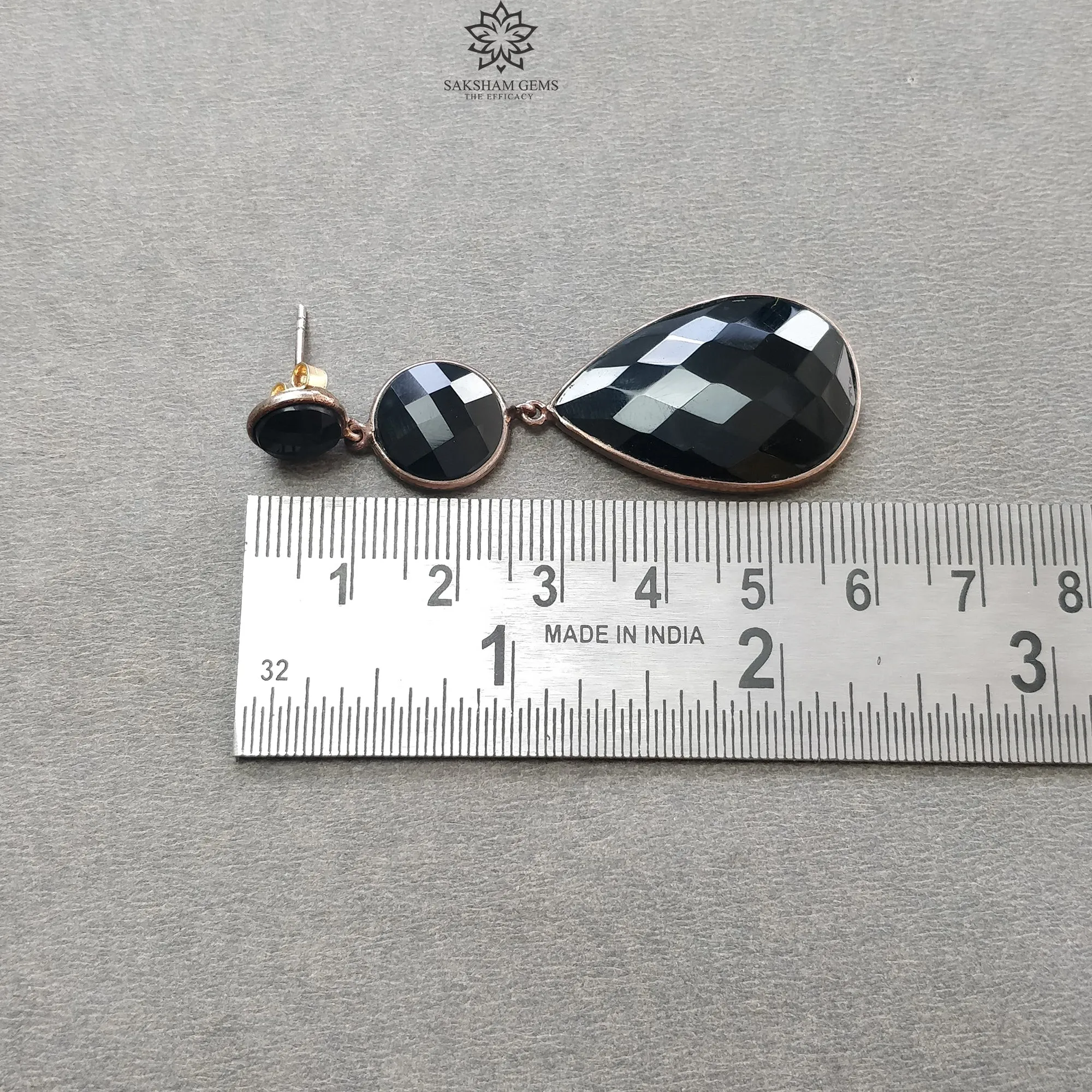 Black ONYX Gemstone With 925 Sterling Silver Earring: 12.66gms Natural Pear Round Shape Rose Gold Plated Bezel Set Push Back Earring 2.5"