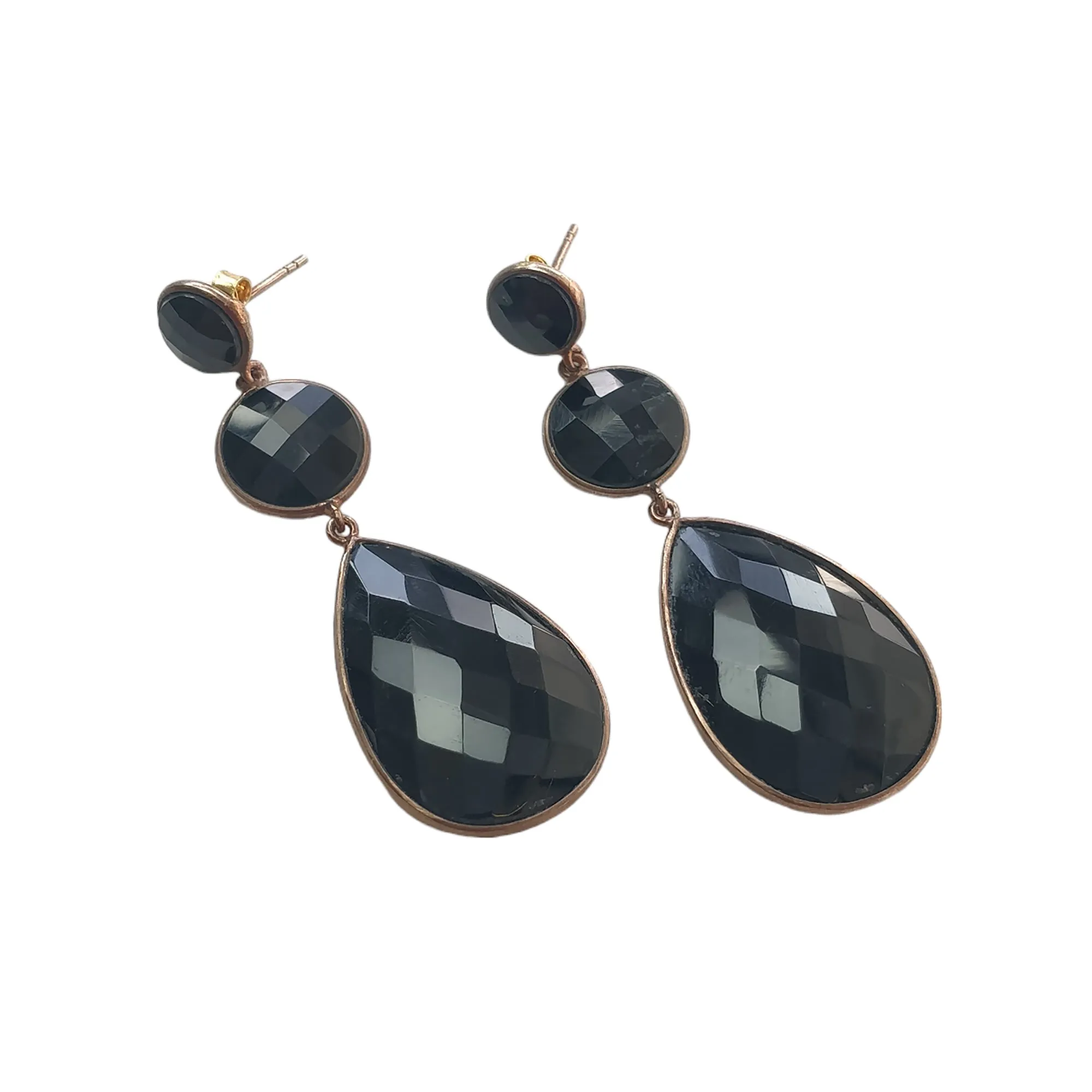 Black ONYX Gemstone With 925 Sterling Silver Earring: 12.66gms Natural Pear Round Shape Rose Gold Plated Bezel Set Push Back Earring 2.5"