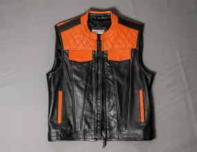 Black Orange Leather Motorcycle Vest with Diamond Stitched | HandCrafted