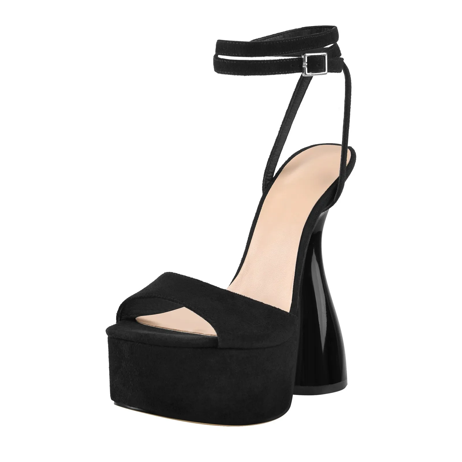 Black Suede Platform Ankle Strap High Heel Sandals