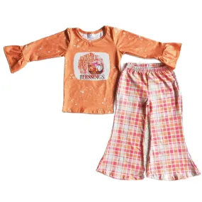 BLESSINGS - Girls Thanksgiving Plaid Pumpkin Ruffle Outfit