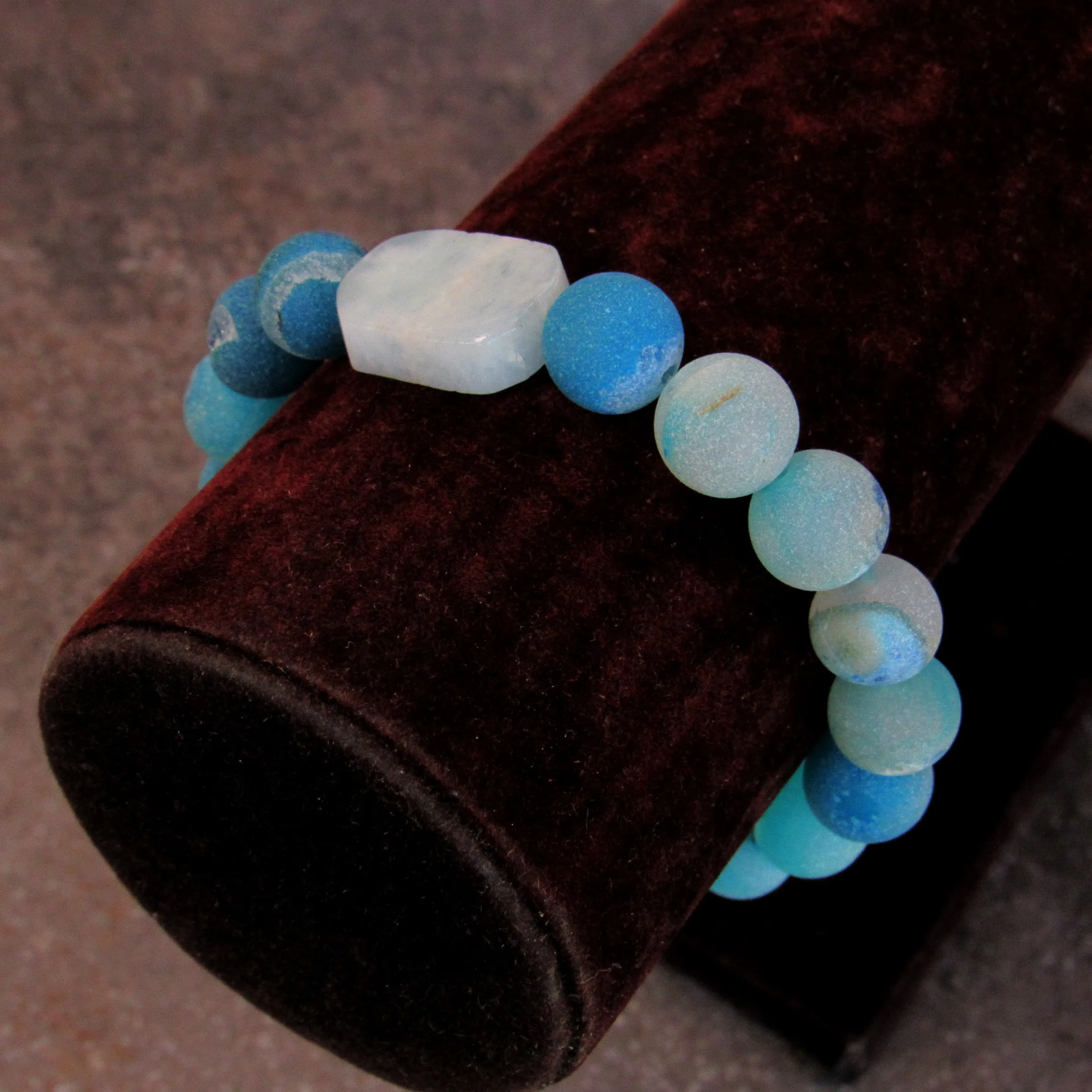 Blue Agates, Aquamarine gemstone, and mother of Pearl Evil Eye Bracelet