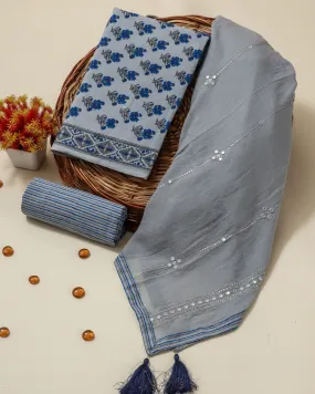 Blue Buti Print Cotton Suit Set with Embroidered Mulmul Dupatta (PRMUL114)