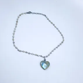 Blue Fire Labradorite Heart Pendant on Labradorite Wrapped Sterling Silver Chain