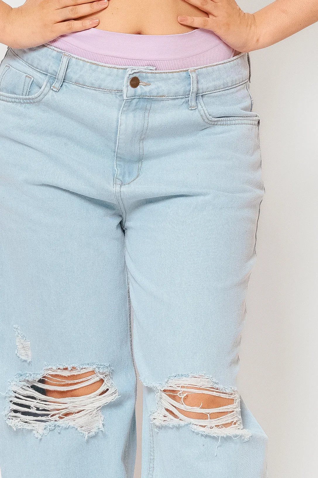 Blue Light Distressed Wide Jeans