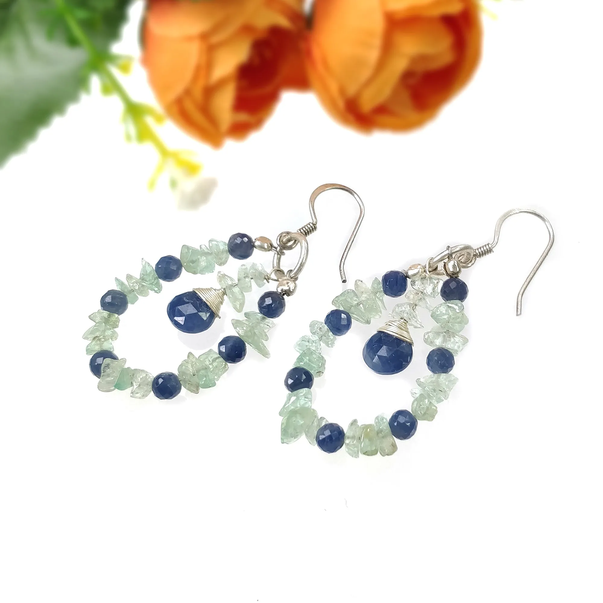 BLUE SAPPHIRE And EMERALD Uncut Gemstone Beaded Earrings : 8.05gms Natural 925 Sterling Silver Drop Dangle Hook Earrings 2.15"