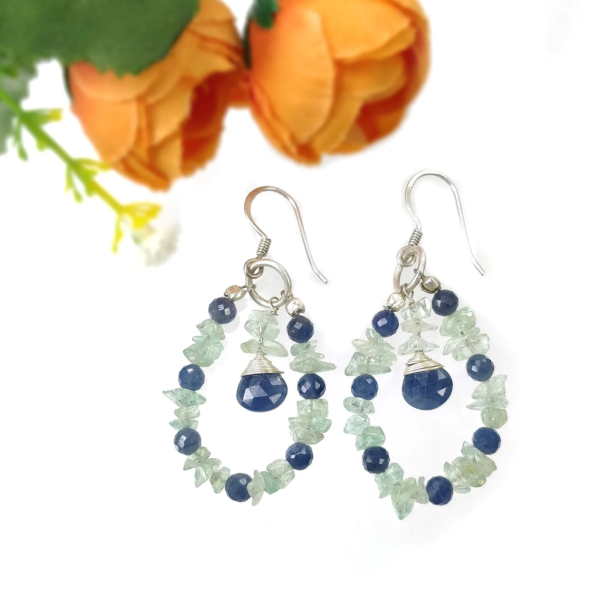 BLUE SAPPHIRE And EMERALD Uncut Gemstone Beaded Earrings : 8.05gms Natural 925 Sterling Silver Drop Dangle Hook Earrings 2.15"