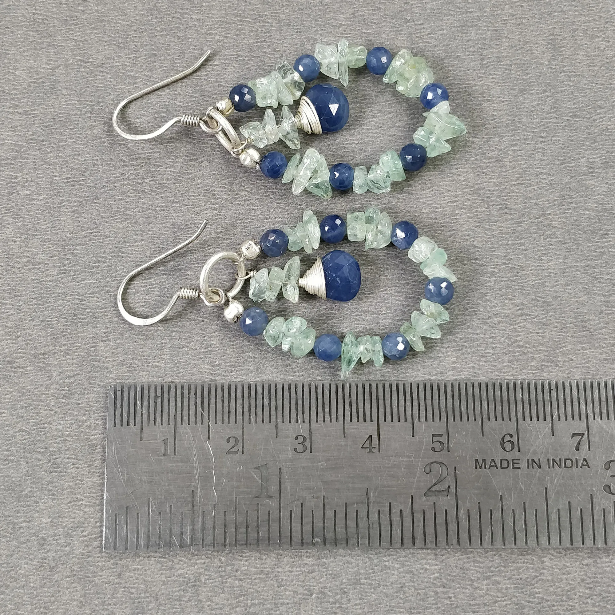 BLUE SAPPHIRE And EMERALD Uncut Gemstone Beaded Earrings : 8.05gms Natural 925 Sterling Silver Drop Dangle Hook Earrings 2.15"