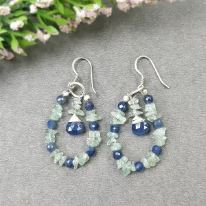 BLUE SAPPHIRE And EMERALD Uncut Gemstone Beaded Earrings : 8.05gms Natural 925 Sterling Silver Drop Dangle Hook Earrings 2.15"