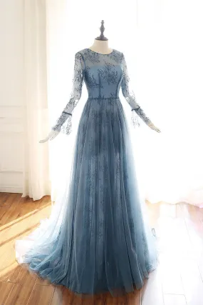 Blue tulle lace Long sleeve prom dress, blue bridesmaid dress