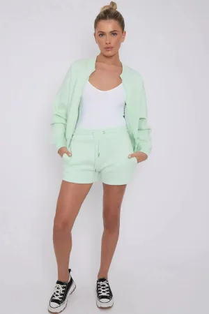 Bomber Neck Zip Through Top and  Shorts Loungewear Set Mint