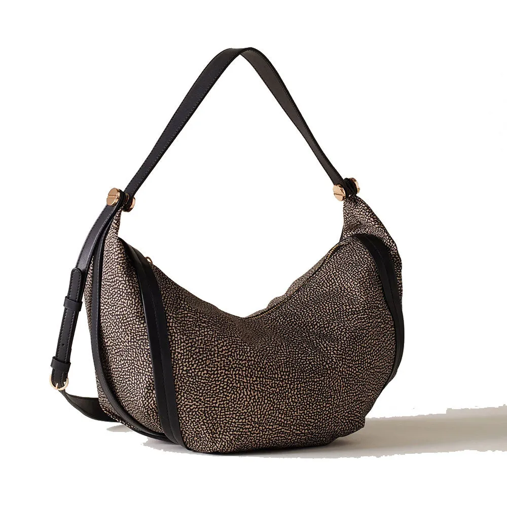 Borsa Donna Hobo Bag BORBONESE linea New Orbit Medium in Tessuto Op Naturale e Pelle Nera