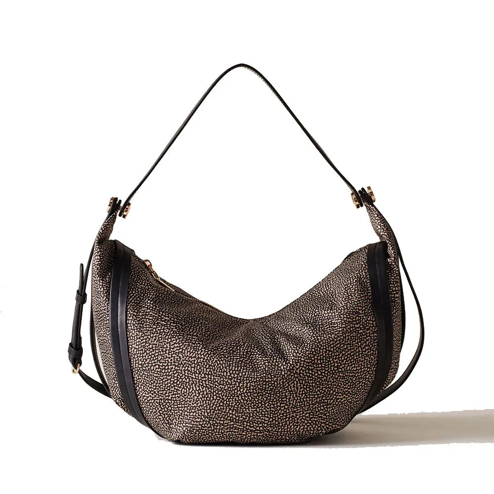 Borsa Donna Hobo Bag BORBONESE linea New Orbit Medium in Tessuto Op Naturale e Pelle Nera