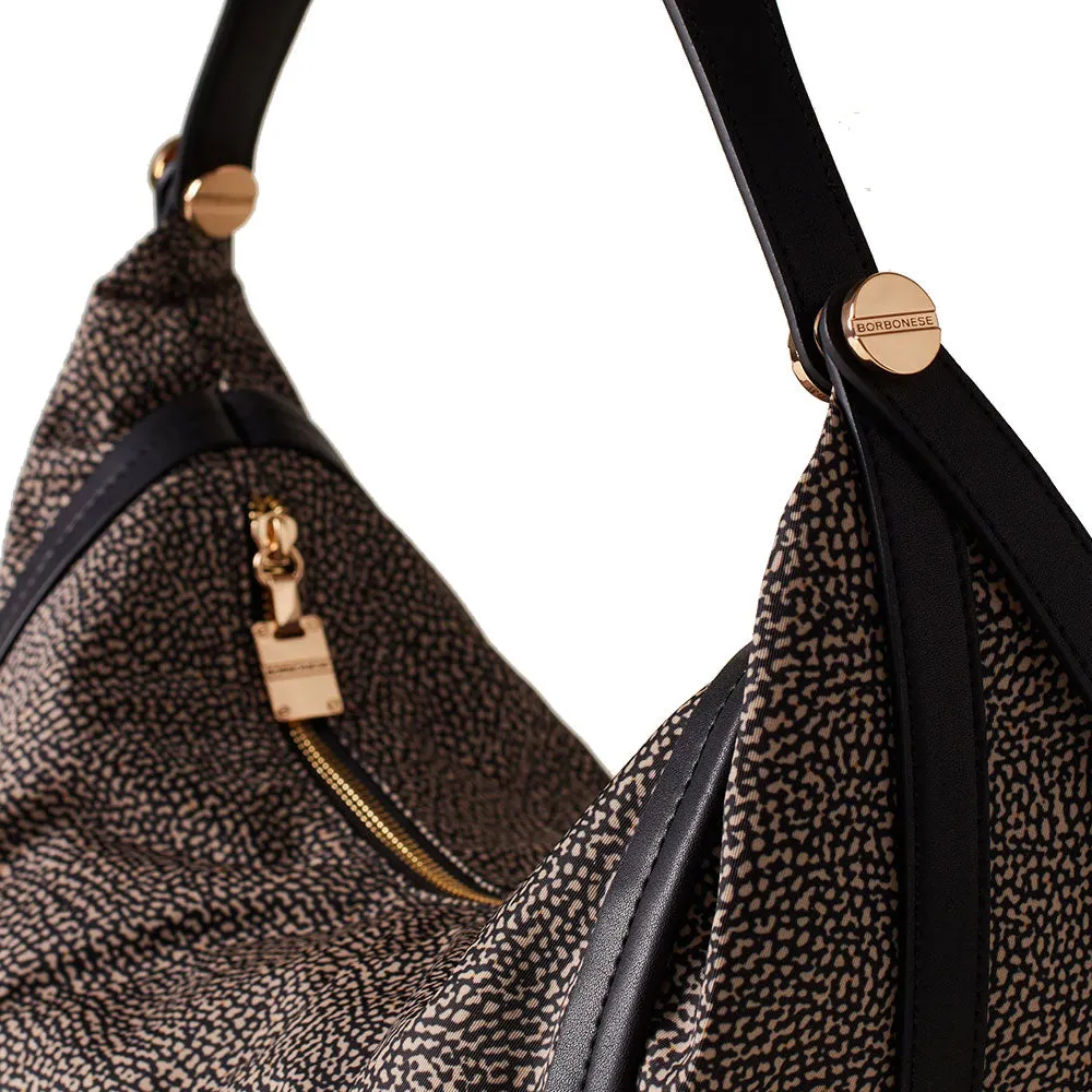 Borsa Donna Hobo Bag BORBONESE linea New Orbit Medium in Tessuto Op Naturale e Pelle Nera