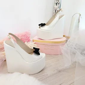 Bridal Ivory White Black Ribbon Peep Toe Wedge Shoes