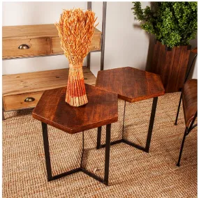 BROWN MANGO WOOD ACCENT TABLE WITH BLACK METAL Y-SHAPED BASES