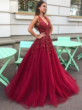 Burgundy Long A-line V-neck Tulle Lace Floral Formal Evening Graduation Prom Dresses