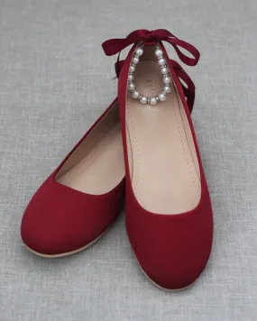 Burgundy Round Toe Evening Flat with Pearl Strap