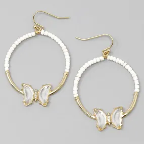 Butterfly Charm Seed Beaded Hoop Drop Earrings