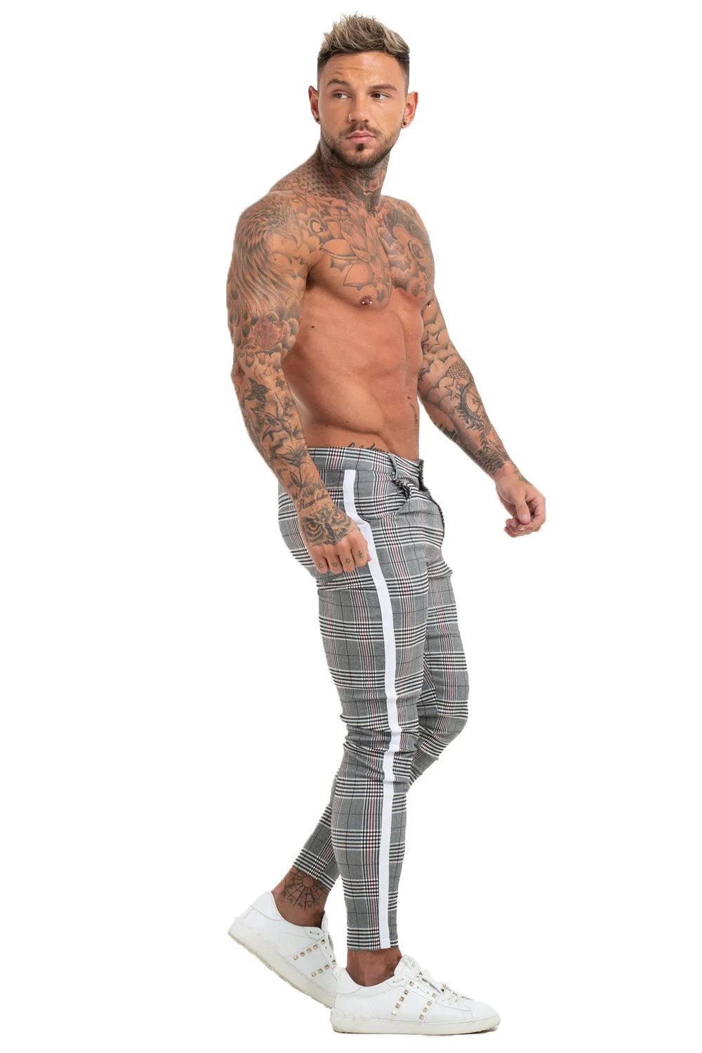 Buy $80 Free Shipping Men's Grey Plaid Skinny Pants