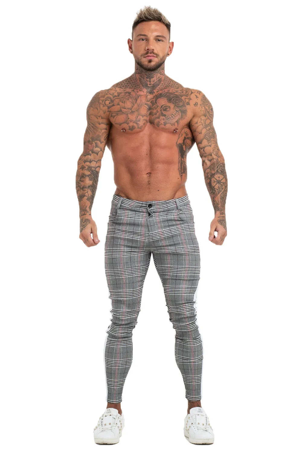 Buy $80 Free Shipping Men's Grey Plaid Skinny Pants