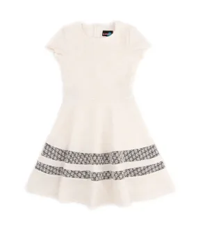 Debra Girls Ivory Boucle Short Sleeve Striped Dress with Flared Skirt