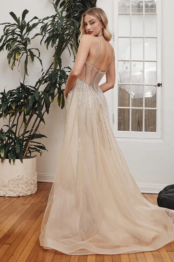 Camera Ready | Beaded Fitted Gown w/ Tulle Over Skirt | LaDivine CD993