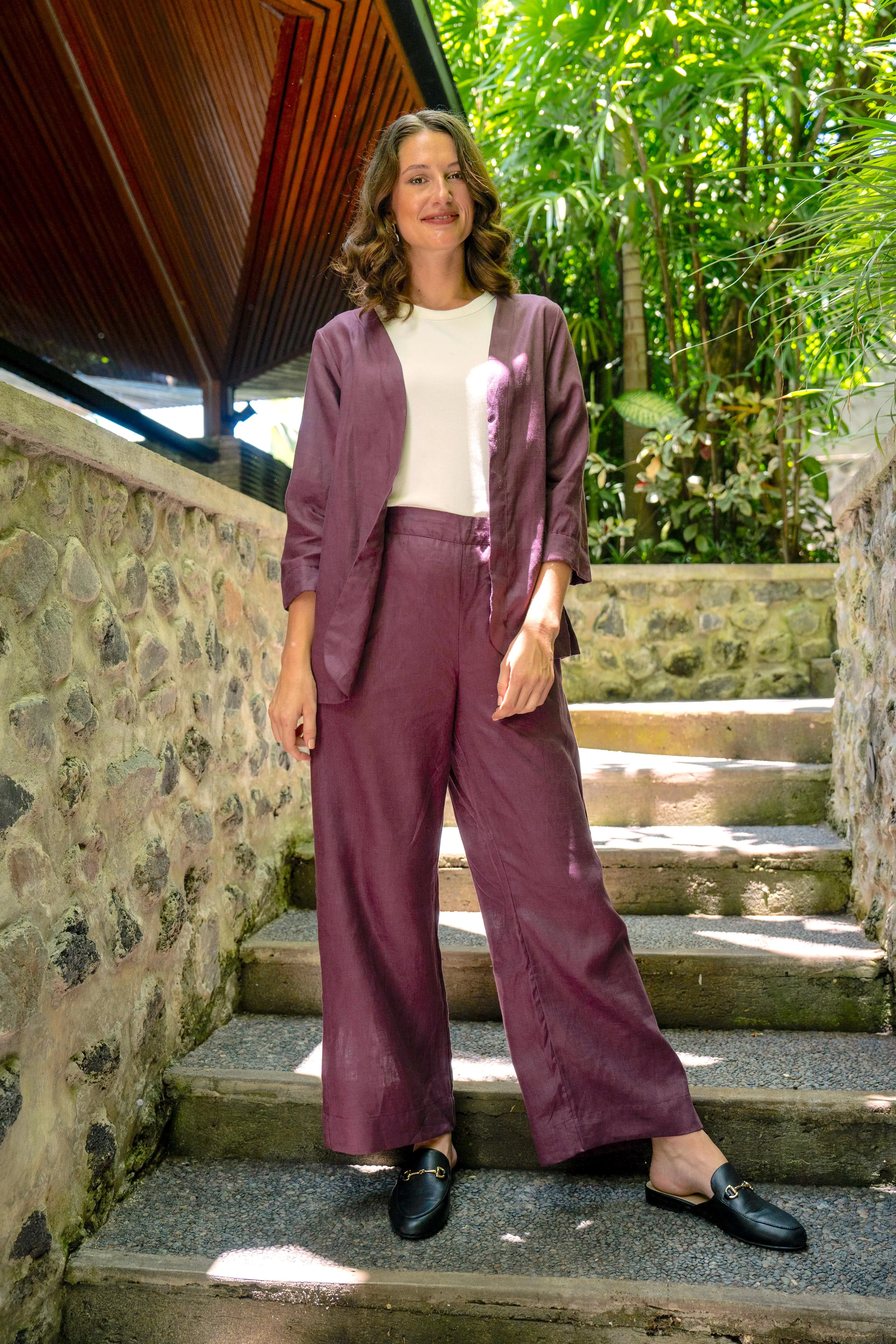 Camille Linen Wide Leg Pant in Plum