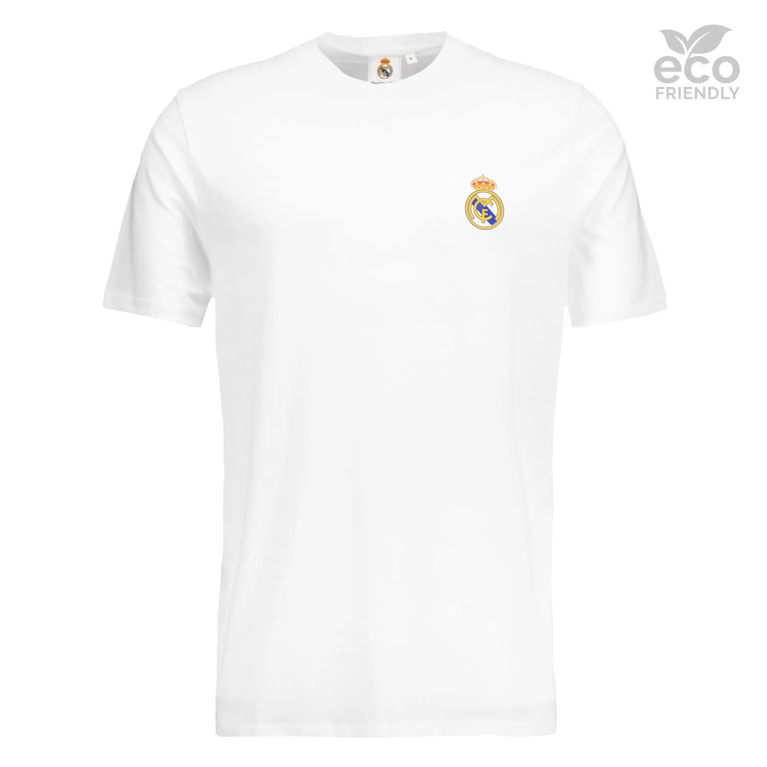 Mens Eco Essentials White T-Shirt with Real Madrid Crest - Sustainable Fashion