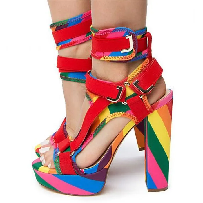 Canvas Rainbow Ankle Strap Chunky Heel Sandals