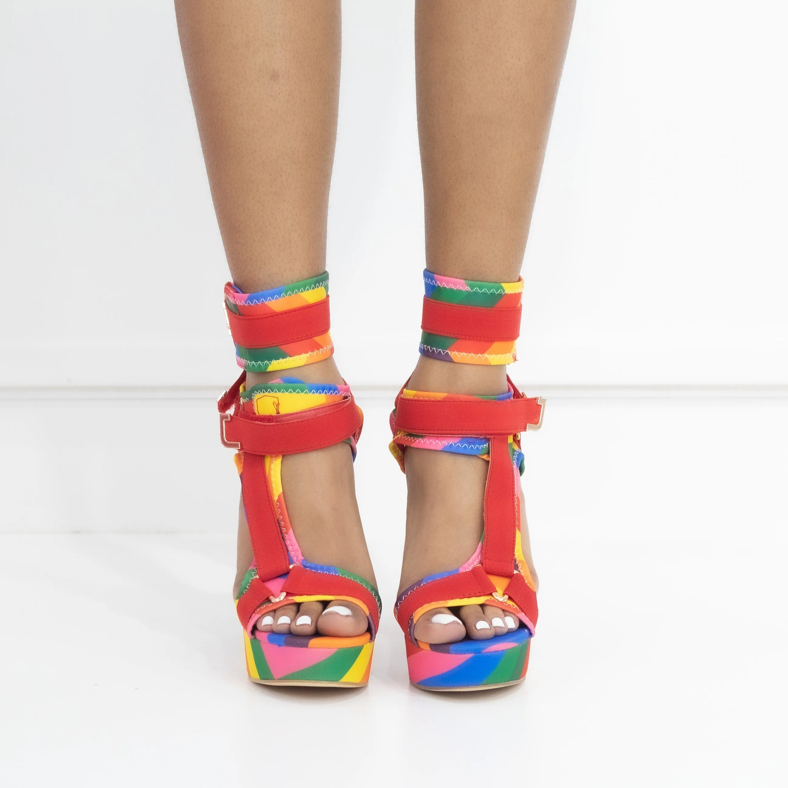 Canvas Rainbow Ankle Strap Chunky Heel Sandals