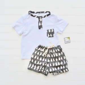 Caper Top & Shorts in Penguin Gray Print and White Stretch