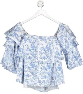 Caroline Constas Blue Off The Shoulder Tiered Ruffle Top In Floral Print UK XS