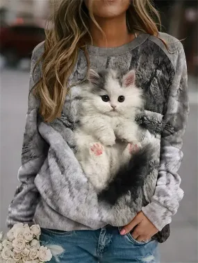 Cat Print Gray Women's Sweatshirt Pullover for Active Lifestyle