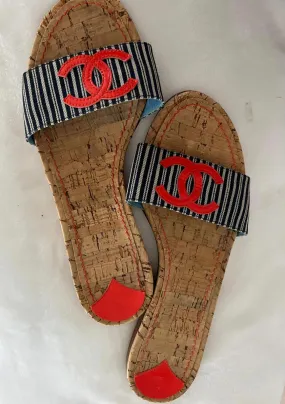 Chanel Stripe denim Summer Slides Orange CC Cork Sandals EU 39.5 US 8.5/9