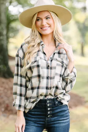 Check It Out Tan Brown Plaid Blouse