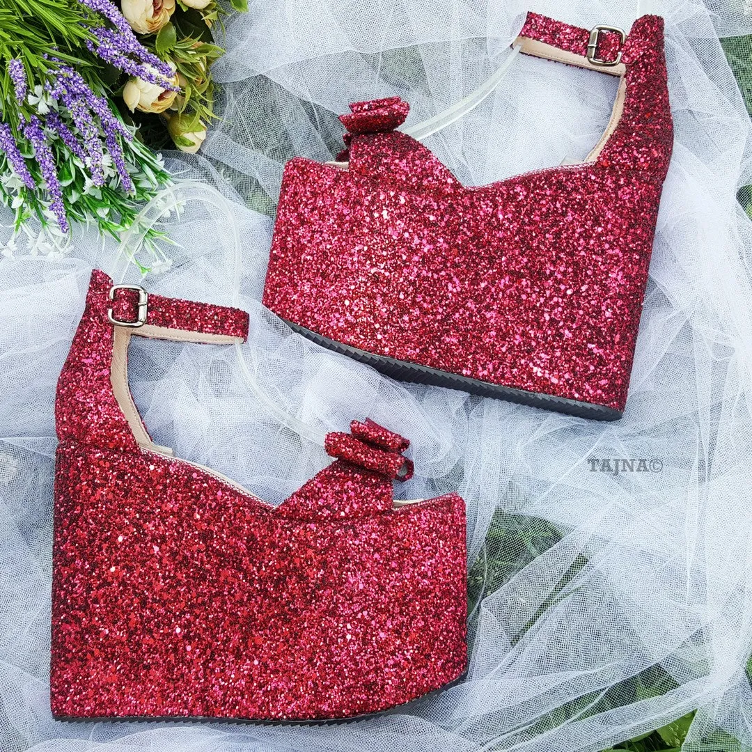 Claret Red Shiny Ribbon Wedge Sandals