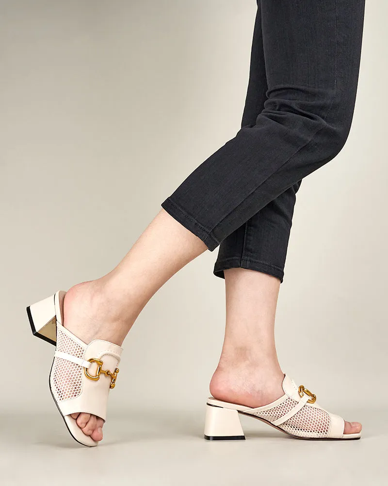 Classic Metal Buckle Square Toe Hollow Out Wedge Sandals