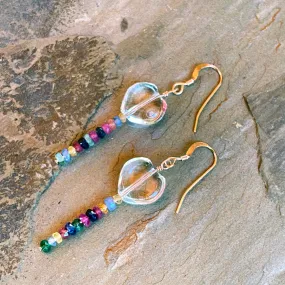 Clear Quartz hearts with precious stones Emeralds, Rubies, Sapphires drop earrings