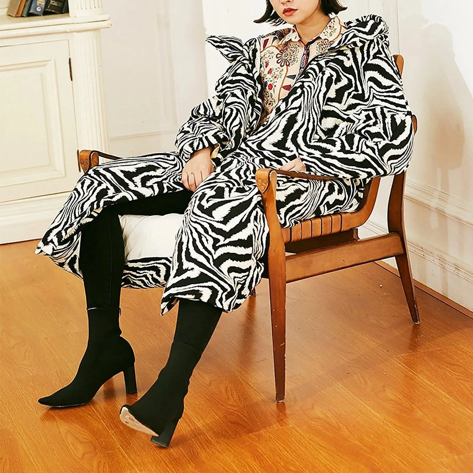 Cocoon Zebra Hood Long Down Puffer Coat