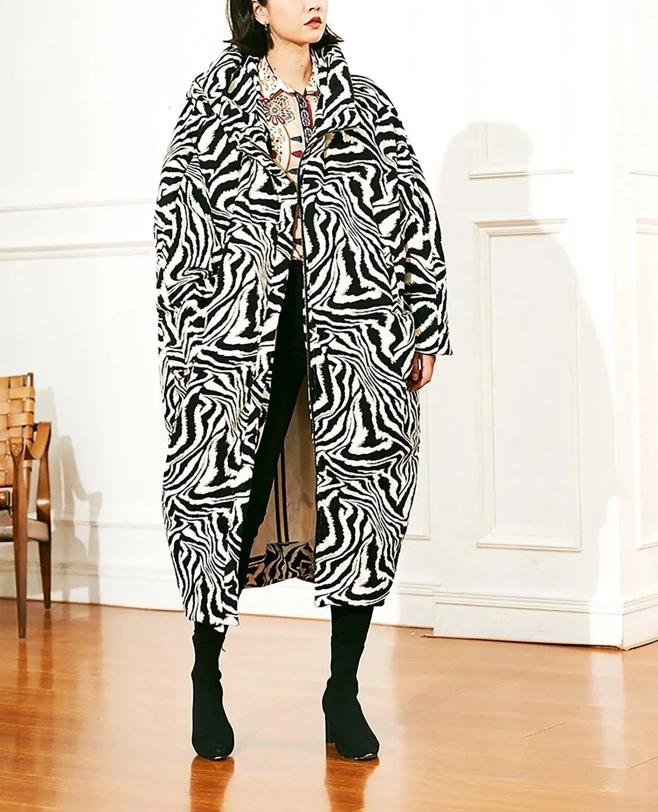 Cocoon Zebra Hood Long Down Puffer Coat