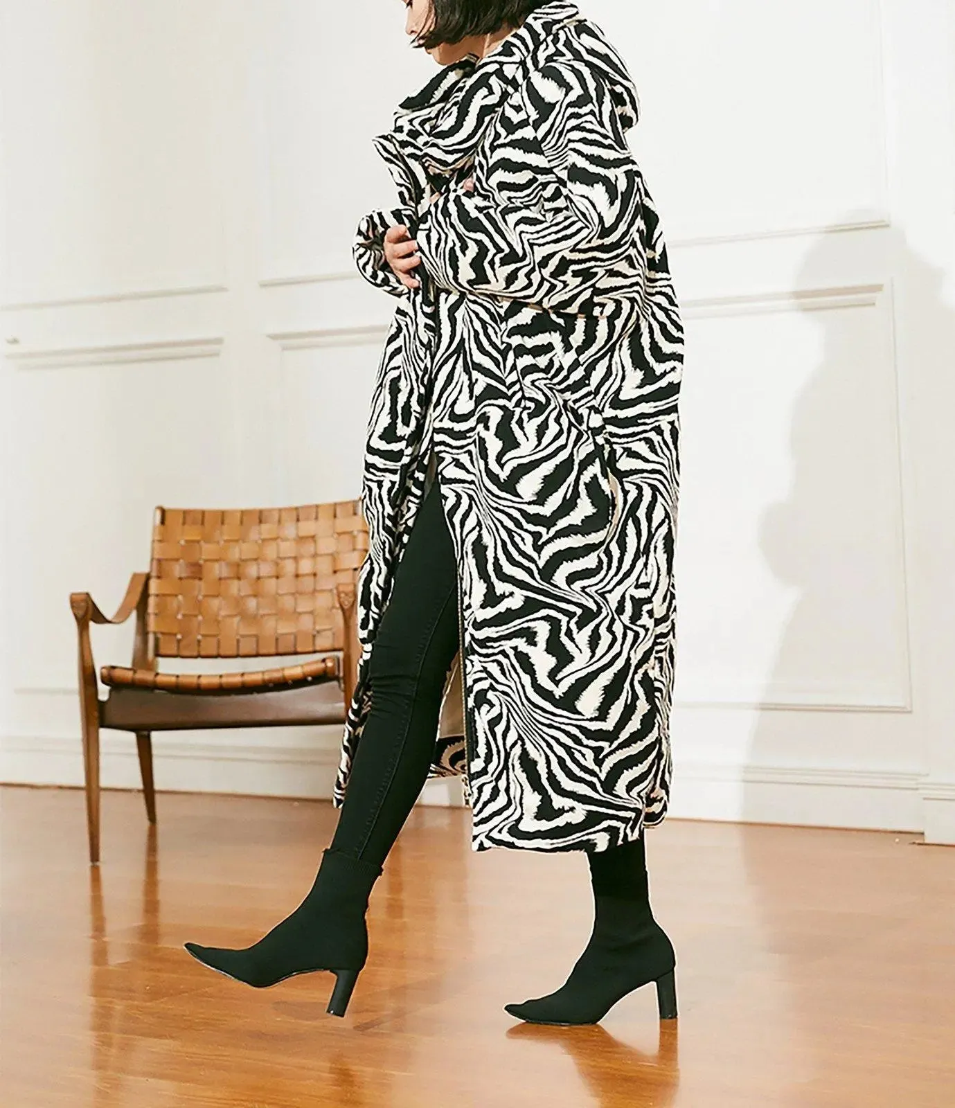 Cocoon Zebra Hood Long Down Puffer Coat