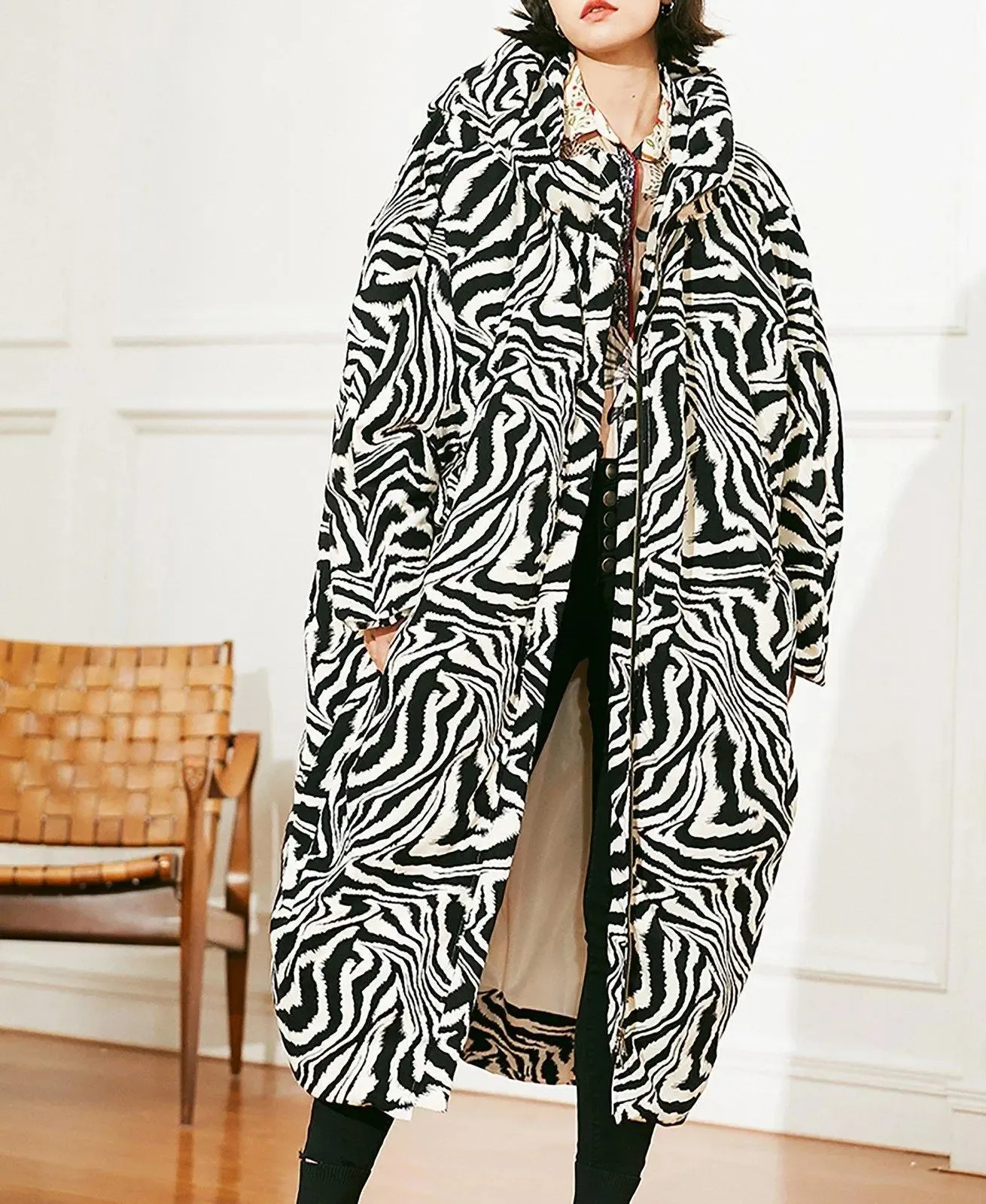 Cocoon Zebra Hood Long Down Puffer Coat