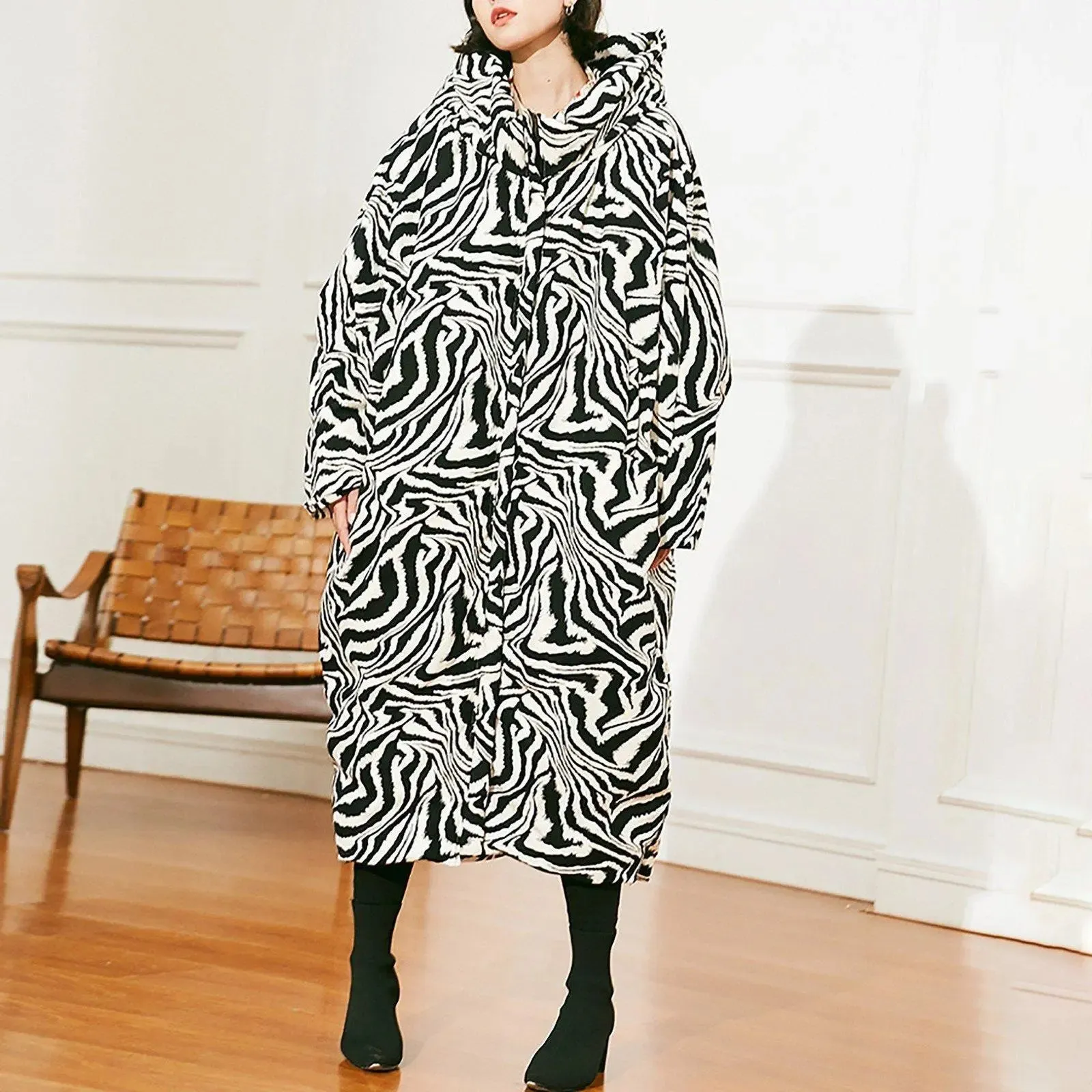 Cocoon Zebra Hood Long Down Puffer Coat