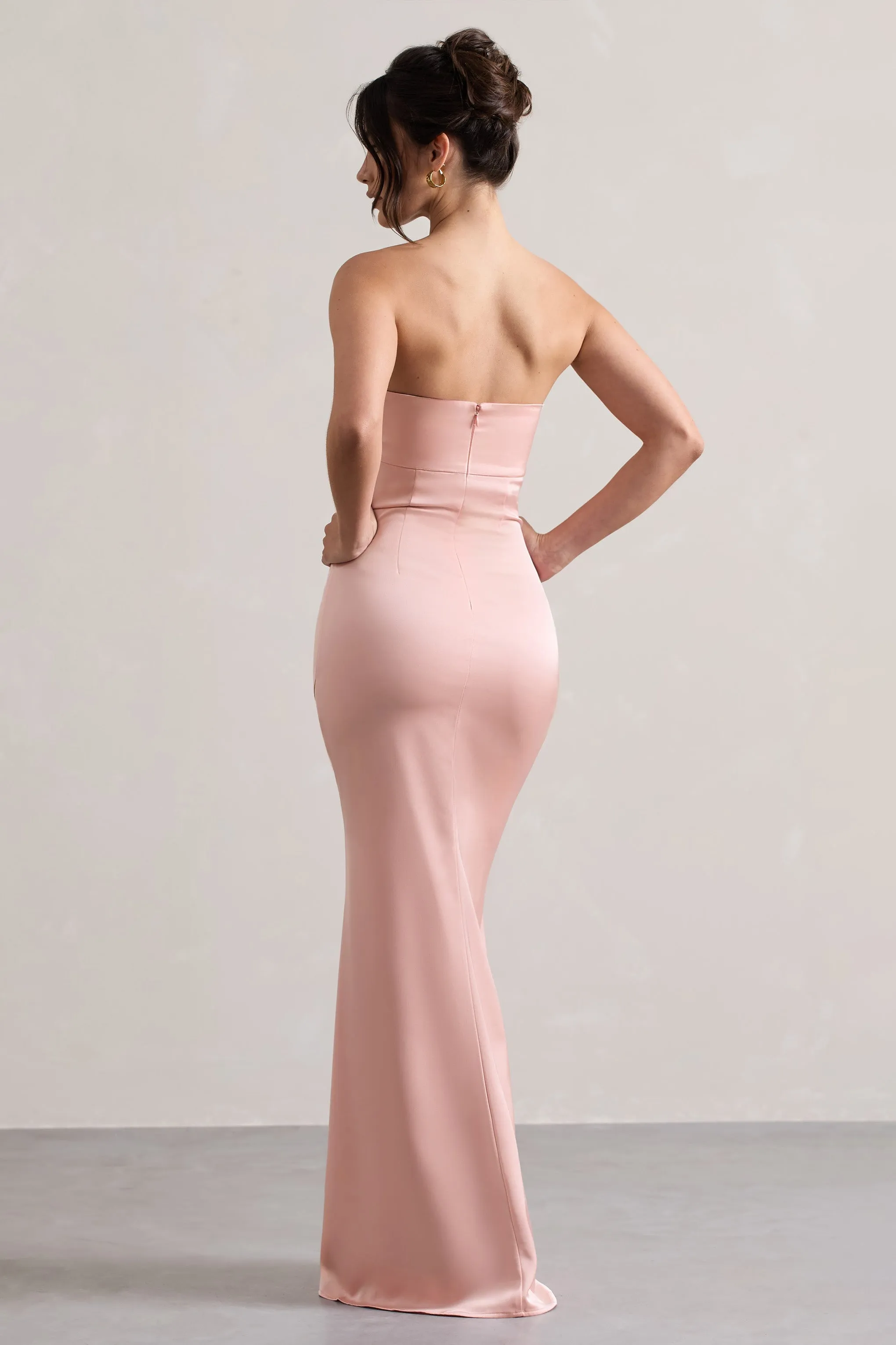 Colada | Pink Satin Pleated Bandeau Maxi Dress