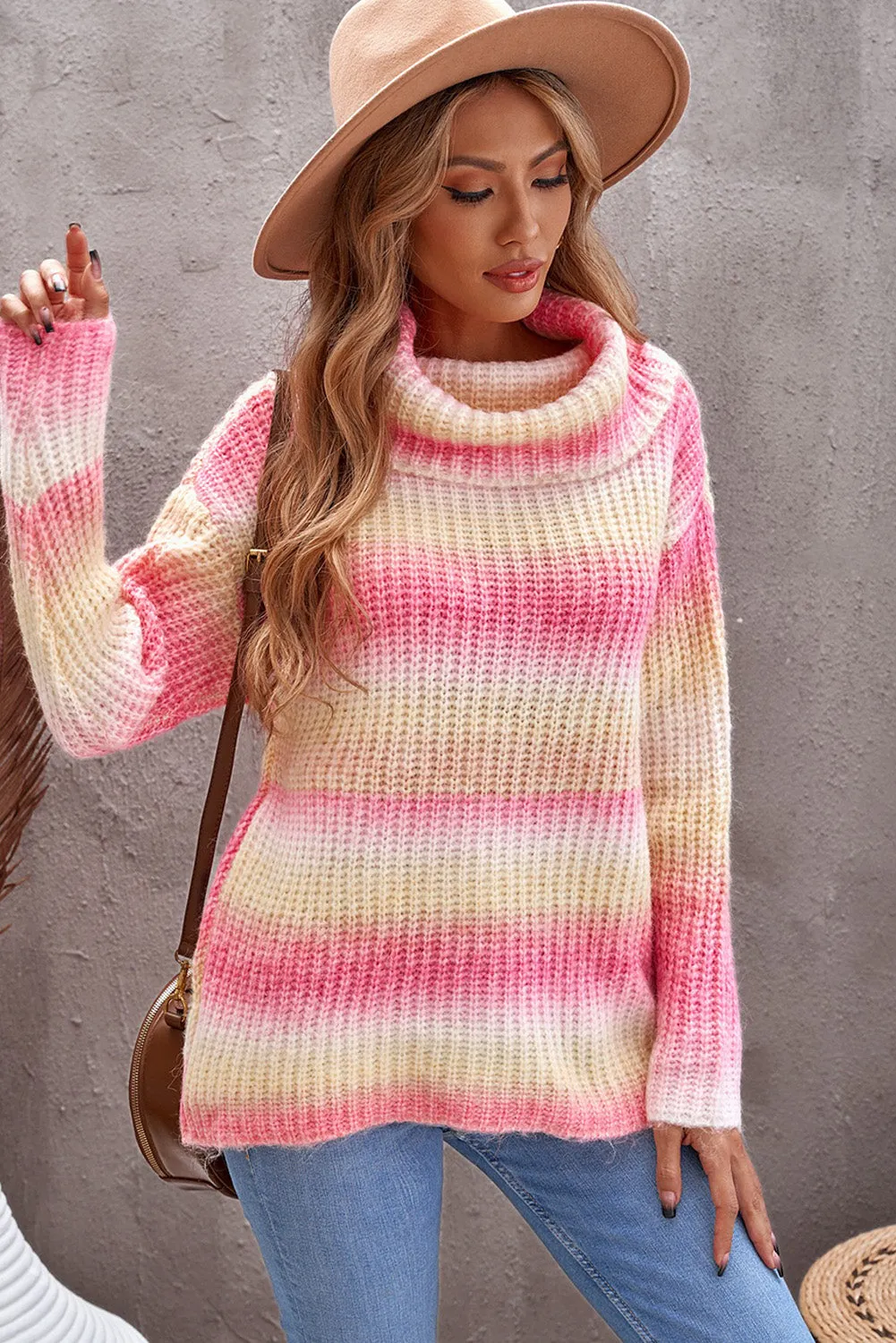 Cowl Neck Ombre Knit Sweater