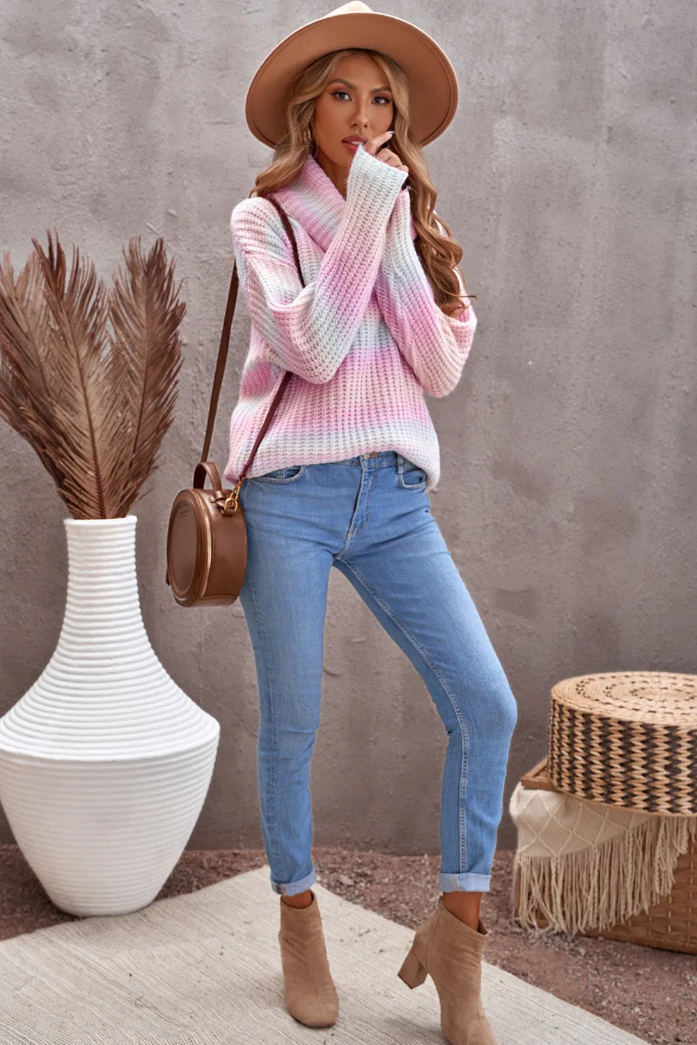 Cowl Neck Ombre Knit Sweater