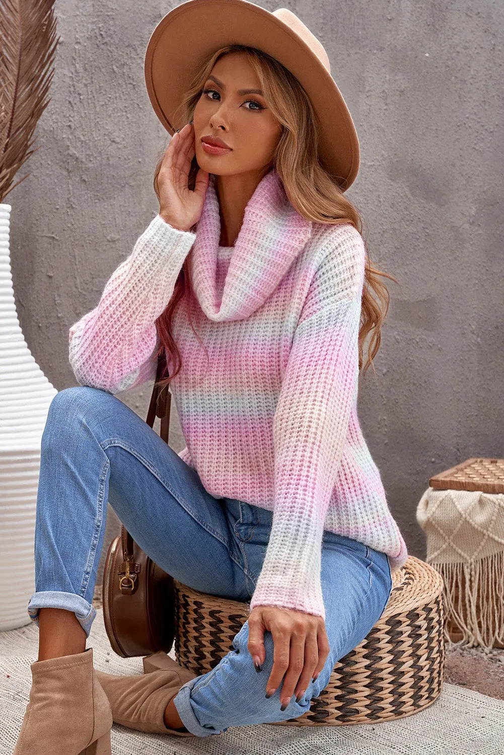 Cowl Neck Ombre Knit Sweater